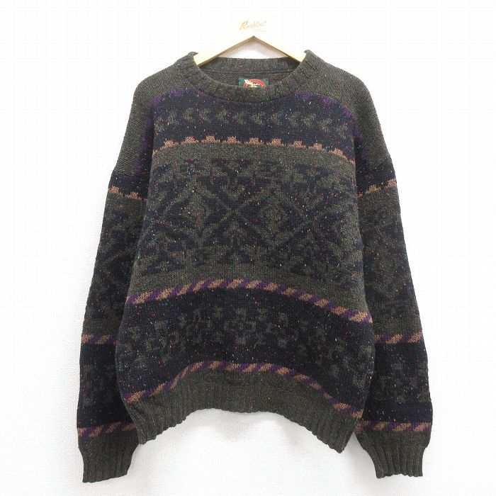 L★古着 長袖 ノルディック セーター メンズ 00年代 00s 雪柄 クルーネック 緑他 グリーン 【spe】 25nov01 中古 ニット トップス