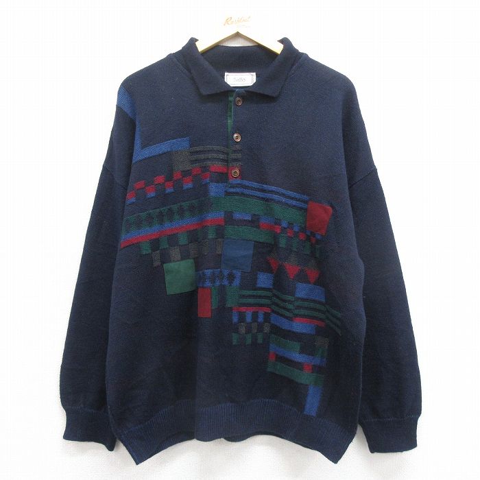 XL★古着 長袖 セーター メンズ 90年代 90s 襟付き イタリア製 紺他 ネイビー 25nov01 中古 ニット トップス