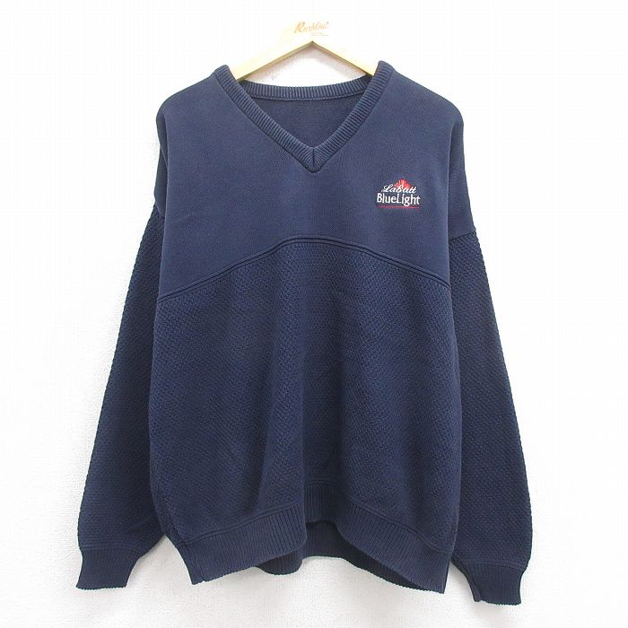 XL★古着 長袖 セーター メンズ 90年代 90s ブルーライト 大きいサイズ コットン クルーネック USA製 紺 ネイビー 25nov01 中古 ニット トップス