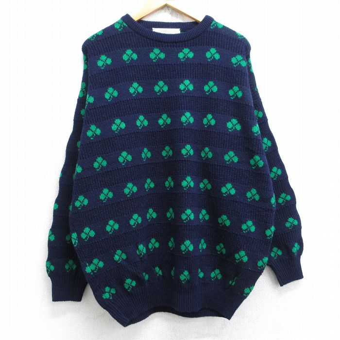 XL★古着 長袖 セーター メンズ 80年代 80s クローバー 手編み 大きいサイズ アクリル クルーネック アイルランド製 紺他 ネイビー 【spe】 25nov01 中古 ニット トップス
