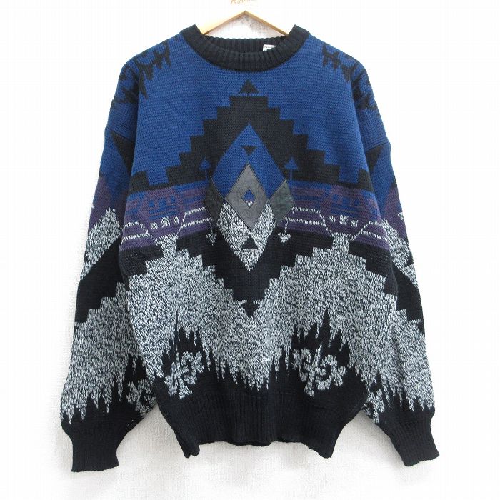 L★古着 長袖 セーター メンズ 90年代 90s ネイティブ柄 ラグ柄 レザー使用 アクリル クルーネック 紺他 ネイビー 【spe】 25nov01 中古 ニット トップス