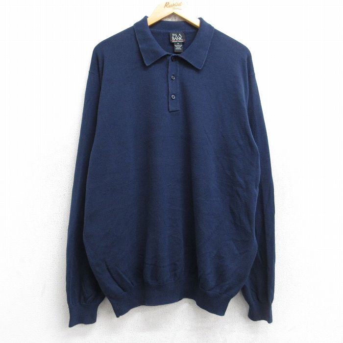 XL★古着 JOS A BANK 長袖 セーター メンズ 無地 襟付き コットン 紺 ネイビー 25nov01 中古 ニット トップス