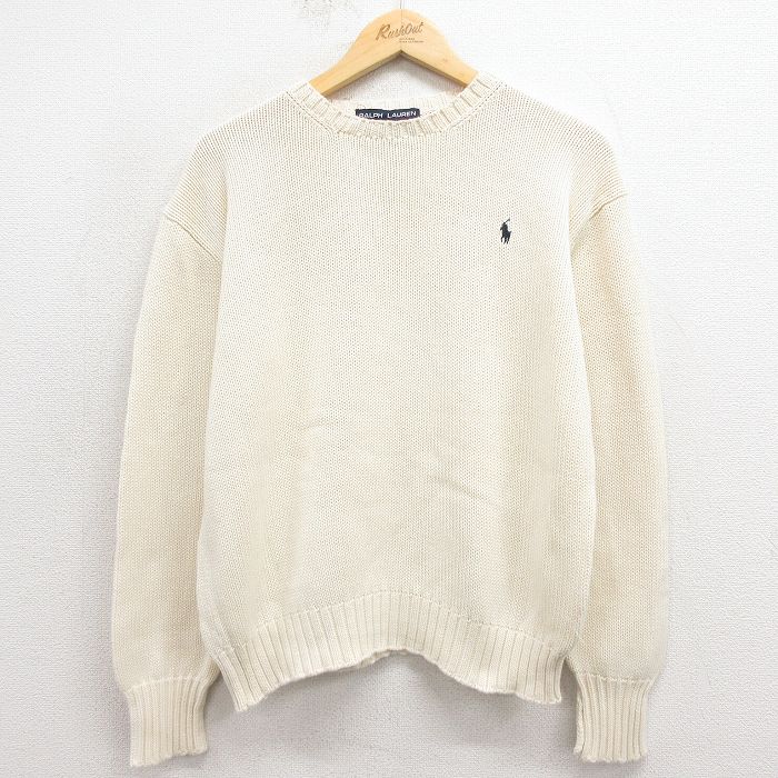 L★古着 ラルフローレン Ralph Lauren ポロスポーツ 長袖 ブランド セーター メンズ 90年代 90s ワンポイントロゴ コットン クルーネック 白 ホワイト 25nov01 中古 ニット トップス