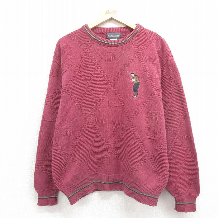 XL★古着 長袖 セーター メンズ 90年代 90s ゴルフ コットン クルーネック USA製 エンジ 【spe】 25nov01 中古 ニット トップス