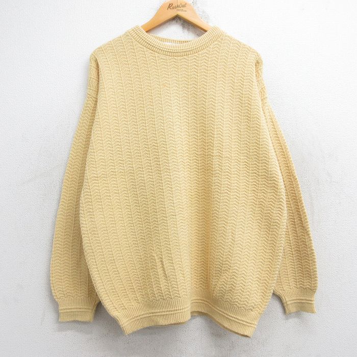 L★古着 長袖 セーター メンズ 90年代 90s 手織り コットン クルーネック USA製 黄 イエロー 25nov04 中古 ニット トップス