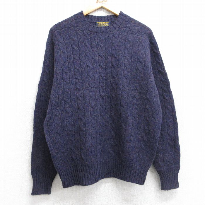 L★古着 ブルックスブラザーズ BROOKS BROTHERS 長袖 ブランド ケーブル セーター メンズ 00年代 00s 手織り ラグランシェットランドウール クルーネック 紫 パープル 25nov04 中古 ニット トップス