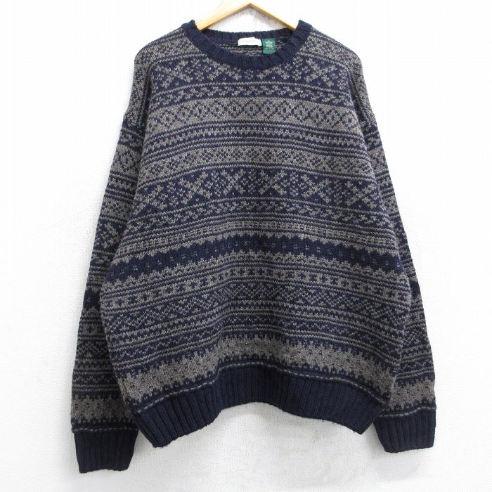 XL★古着 G.H.BASS 長袖 セーター メンズ 00年代 00s フェアアイル ウール クルーネック イングランド製 紺他 ネイビー 【spe】 25nov04 中古 ニット トップス