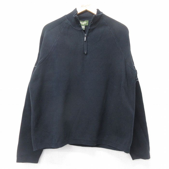 【20%OFF】L★古着 エディーバウアー 長袖 ハーフジップ セーター メンズ ラグラン コットン 黒 ブラック 25nov05 中古 ニット トップス
