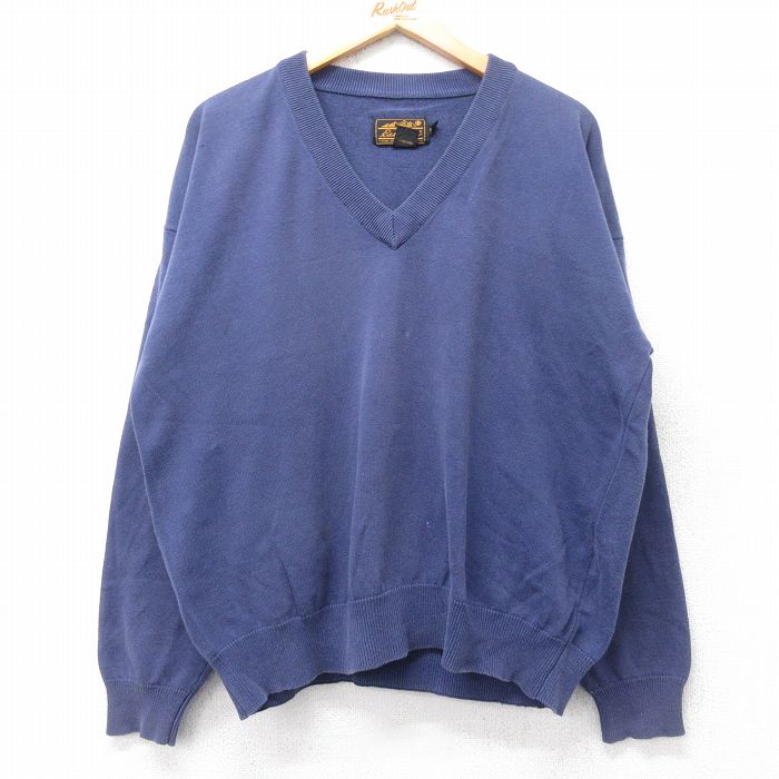 【20%OFF】XL★古着 エディーバウアー 長袖 セーター メンズ 90年代 90s コットン Vネック イギリス製 紺 ネイビー 25nov05 中古 ニット トップス