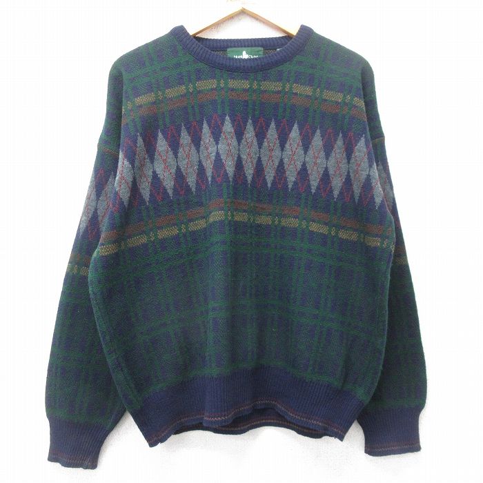 【20%OFF】L★古着 長袖 セーター メンズ 90年代 90s アーガイル クルーネック イタリア製 紺他 ネイビー 25nov05 中古 ニット トップス