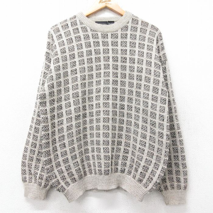 L★古着 長袖 セーター メンズ 90年代 90s クルーネック イタリア製 ベージュ他 カーキ チェック 25nov05 中古 ニット トップス