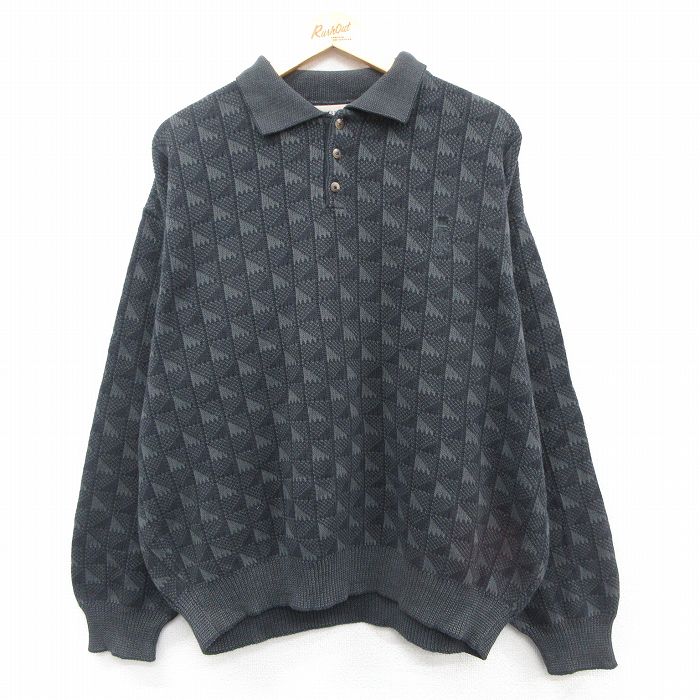 XL★古着 長袖 セーター メンズ 90年代 90s 襟付き 大きいサイズ コットン USA製 濃グレー 25nov05 中古 ニット トップス