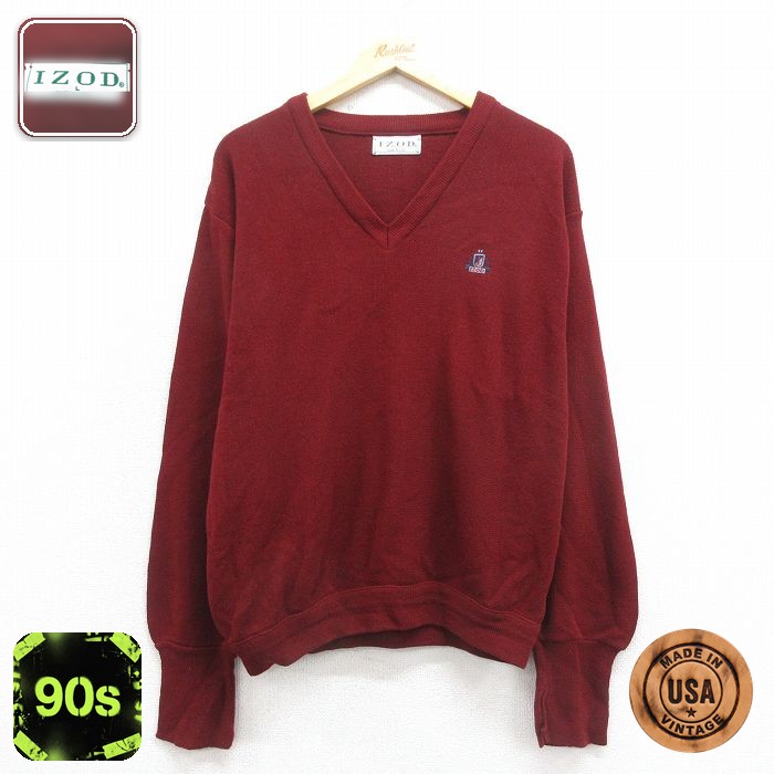IZOD 90s 長袖セーター ワンポイントロゴ バーガンディ L | 古着