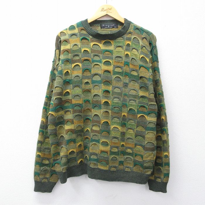 XL★古着 長袖 セーター メンズ 90年代 90s 3Dニット アクリル クルーネック USA製 緑他【spe】 25nov13
