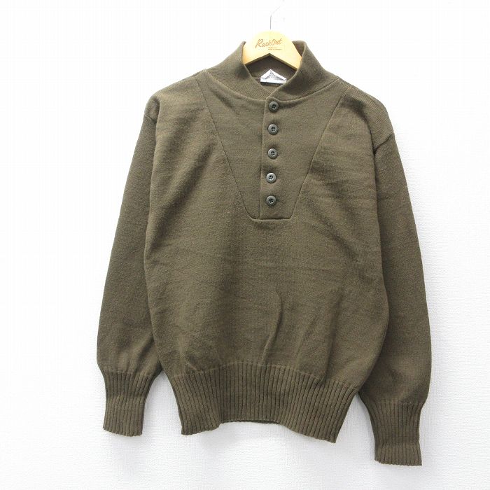 S★古着 長袖 セーター メンズ 90年代 90s ミリタリー アクリル ヘンリーネック USA製 濃緑系 25nov13