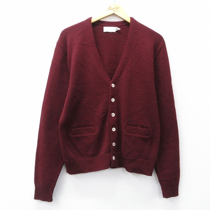 M★古着 長袖 ニット カーディガン 90年代 90s アクリル USA製 エンジ 25nov13