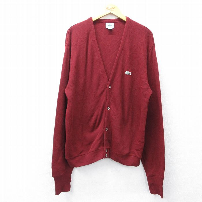 XL★古着 ラコステ LACOSTE IZOD 長袖 ニット カーディガン 90年代 90s ワンポイントロゴ アクリル USA製 エンジ 25nov13