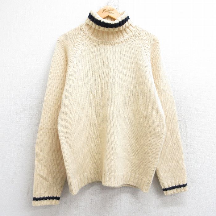 M★古着 エルエルビーン 長袖 セーター メンズ 90年代 90s 無地 ラグラン ウール タートルネック ハイネック 生成り 25nov13