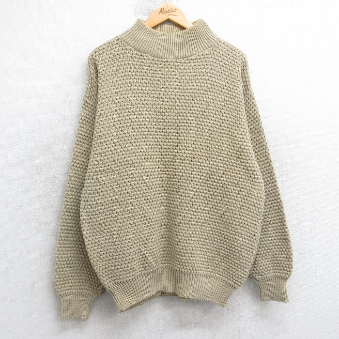 L★古着 長袖 セーター メンズ 90年代 90s コットン モックネック ハイネック USA製 ベージュ 25nov13