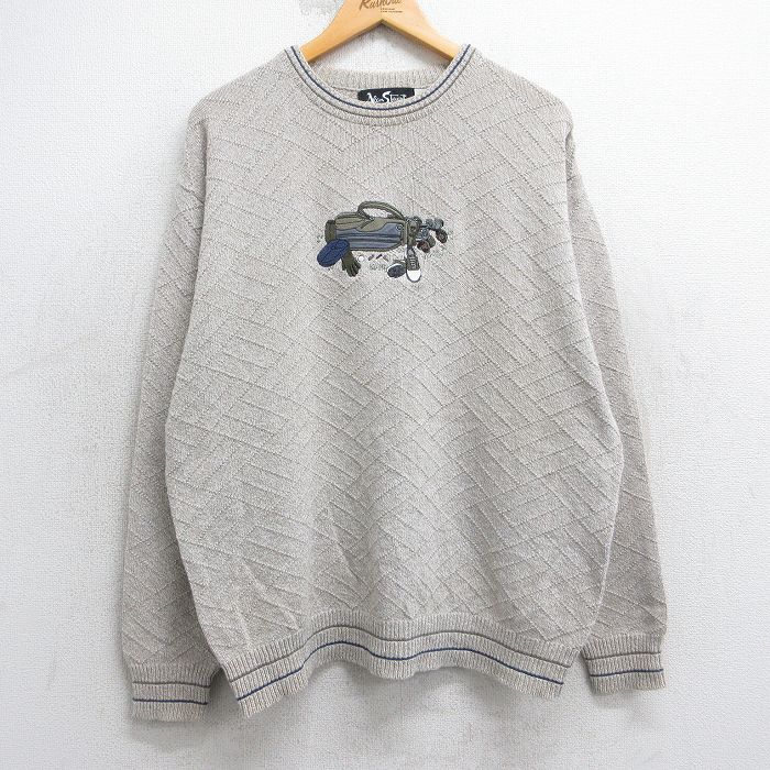 L★古着 長袖 セーター メンズ 90年代 90s ゴルフ 刺繍 クルーネック USA製 ベージュ 25nov13