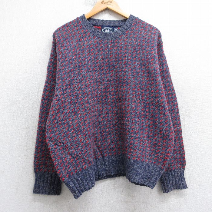 L★古着 長袖 セーター メンズ 90年代 90s バーズアイ ウール クルーネック USA製 紺系他 25nov14