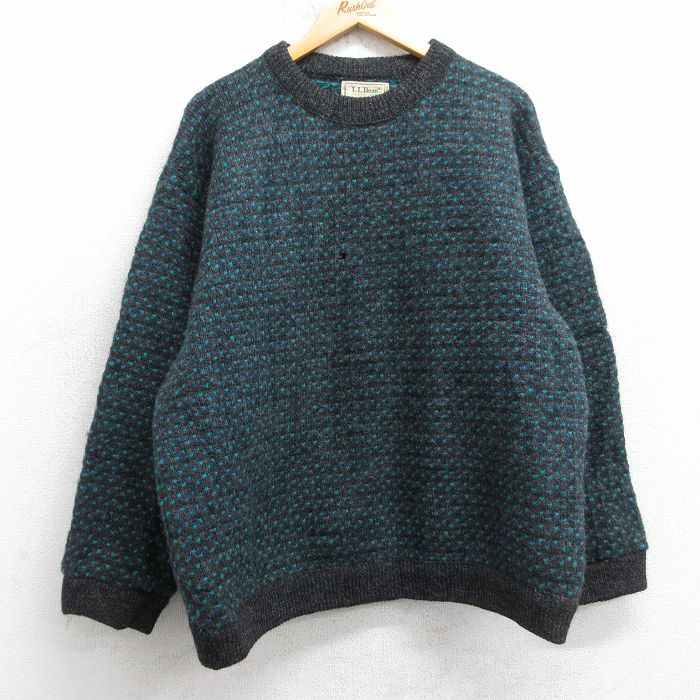 XL★古着 エルエルビーン 長袖 セーター メンズ 80年代 80s バーズアイ ウール クルーネック ノルウェー製 濃グレー他【spe】 25nov14