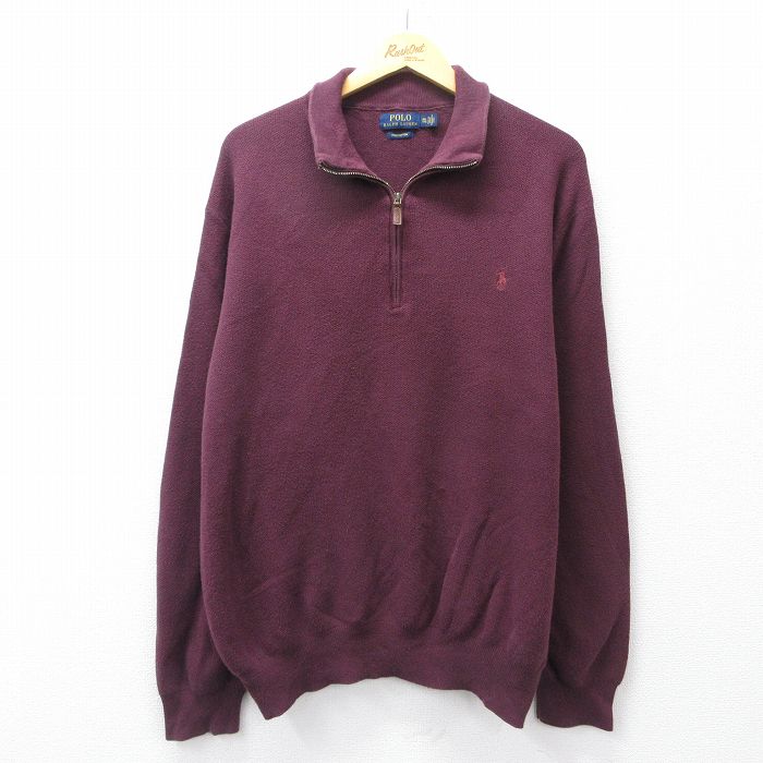 XL★古着 ラルフローレン 長袖 ブランド ハーフジップ セーター メンズ ワンポイントロゴ 大きいサイズ コットン エンジ 25nov14
