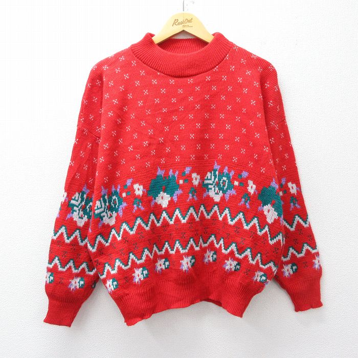 90s 長袖セーター 雪柄 レッド XL | 古着