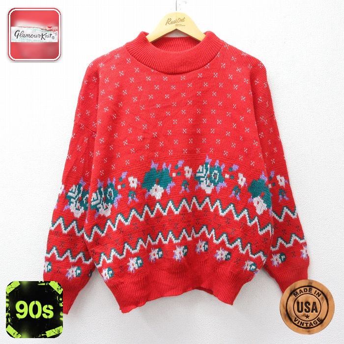 90s 長袖セーター 雪柄 レッド XL | 古着