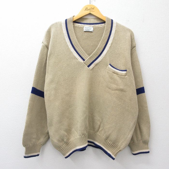 【20%OFF】XL★古着 ベネトン 長袖 セーター メンズ 80年代 80s コットン Vネック イタリア製 ベージュ【spe】 25nov14