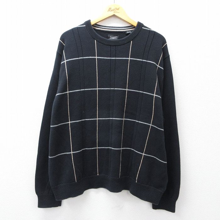 XL★古着 HAGGAR 長袖 セーター メンズ 大きいサイズ コットン クルーネック 黒他 チェック 25nov14