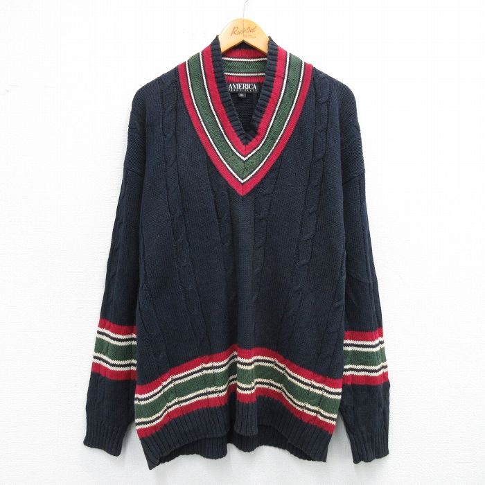 XL★古着 ペリーエリス 長袖 ケーブル チルデン セーター メンズ 00年代 00s 大きいサイズ Vネック 濃紺他 25nov15