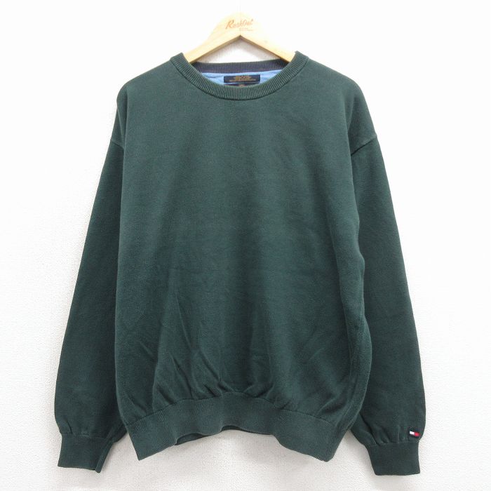 XL★古着 トミーヒルフィガー 長袖 ブランド セーター メンズ 90年代 90s ワンポイントロゴ コットン クルーネック 緑 25nov17