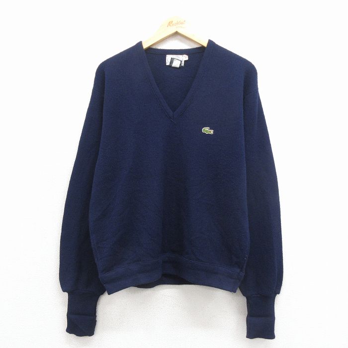 L★古着 ラコステ LACOSTE 長袖 ブランド セーター メンズ 90年代 90s ワンポイントロゴ アクリル Vネック 紺 25nov17