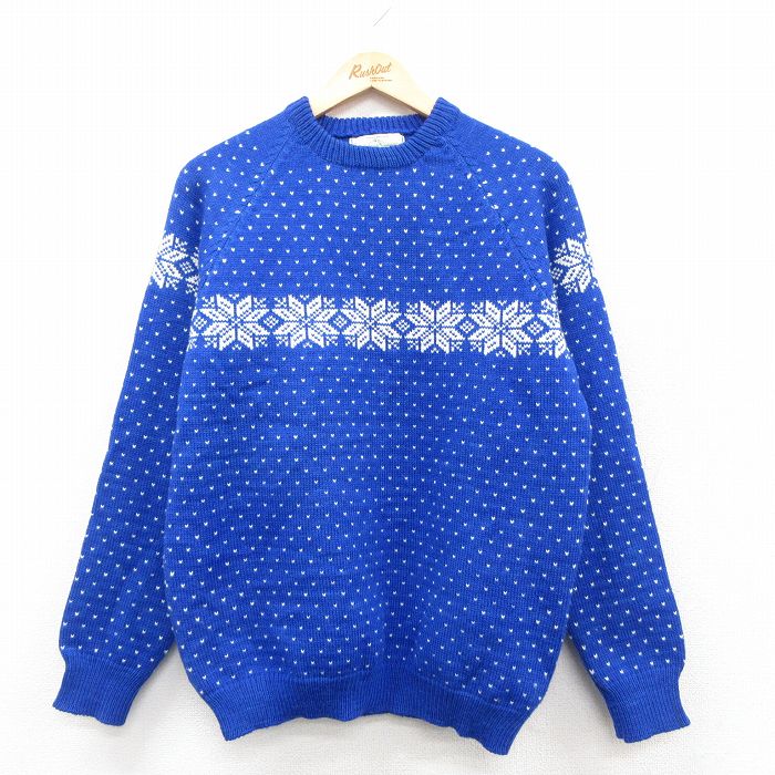 M★古着 長袖 ノルディック セーター メンズ 90年代 90s 雪柄 バーズアイ ラグラン 手織り ウール クルーネック 青 25nov18