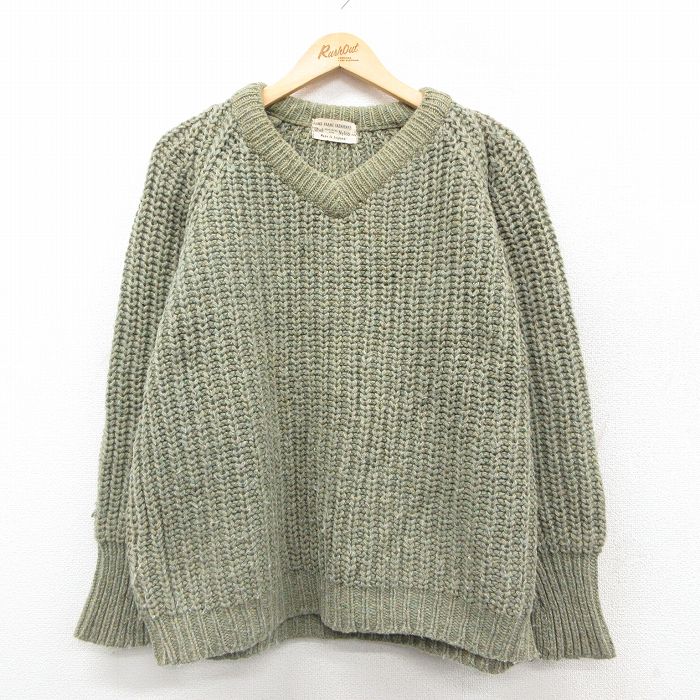 XL★古着 長袖 セーター メンズ 80年代 80s ラグラン ウール Vネック イングランド製 緑系【spe】 25nov18