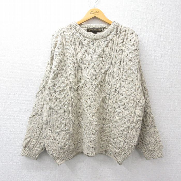 XL★古着 長袖 アラン フィッシャーマン ケーブル セーター メンズ 00年代 00s ウール アイルランド製 ベージュ系他 25nov21