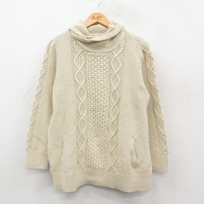 XL★古着 エルエルビーン 長袖 ケーブル セーター メンズ コットン タートルネック ハイネック 生成り 25nov22