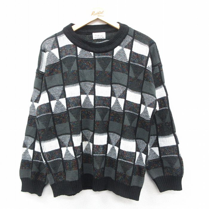 L★古着 長袖 セーター メンズ 90年代 90s アクリル クルーネック USA製 黒 25nov22
