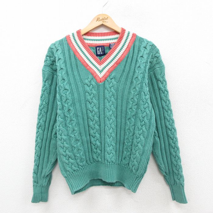 M★古着 ギャップ GAP 長袖 ケーブル チルデン セーター メンズ 90年代 90s コットン Vネック 青緑他【spe】 25nov25