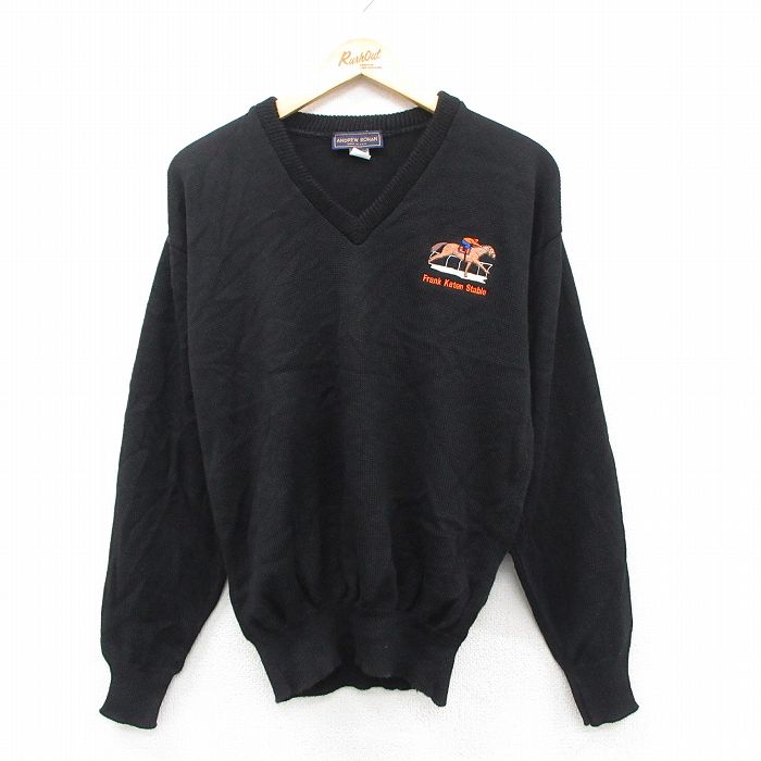 【20%OFF】M★古着 長袖 セーター メンズ 90年代 90s 馬 アクリル Vネック USA製 黒 25nov25
