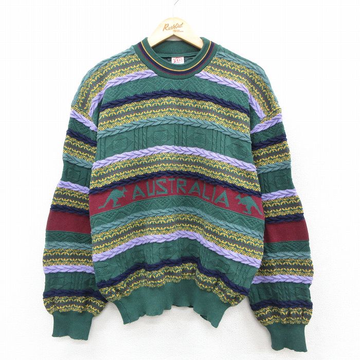 【20%OFF】XL★古着 長袖 ケーブル セーター メンズ 90年代 90s クルーネック オーストラリア製 緑他【spe】 25nov28