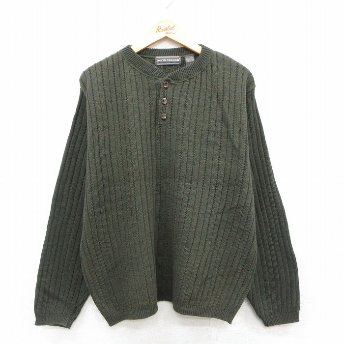 XL★古着 長袖 セーター メンズ 90年代 90s 無地 手織り クルーネック USA製 緑系 霜降り 25nov28