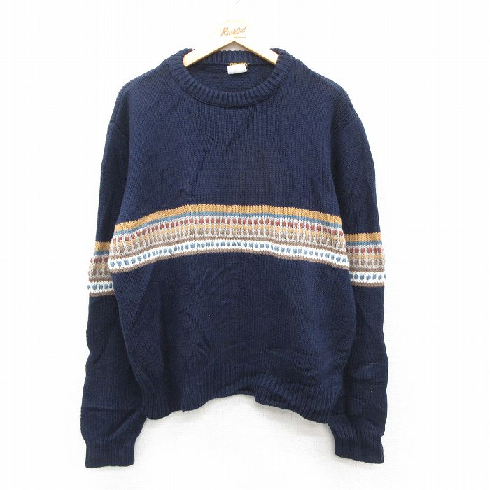 XL★古着 長袖 セーター メンズ 00年代 00s クルーネック 紺他 25nov28