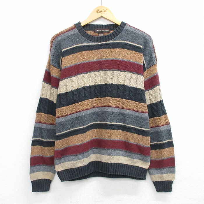 【20%OFF】L★古着 長袖 セーター メンズ 90年代 90s クルーネック  USA製 濃グレー他 ボーダー 25nov26