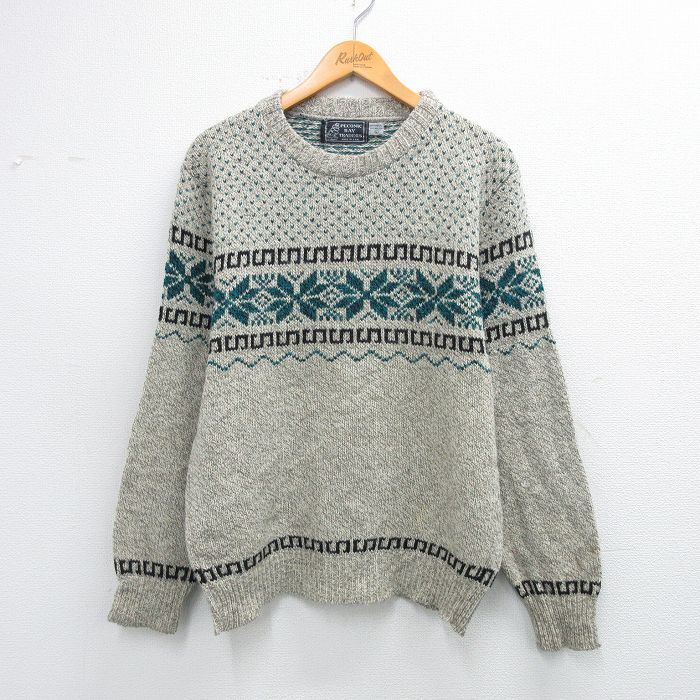 M★古着 長袖 ノルディック セーター メンズ 90年代 90s 雪柄 ウール クルーネック USA製 薄グレー系他 25nov27