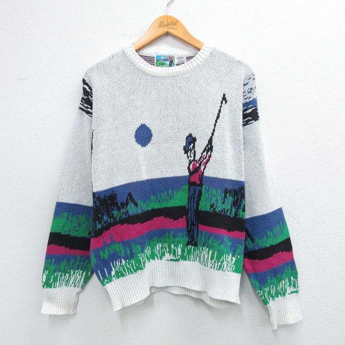 【20%OFF】L★古着 ロンドンフォグ 長袖 セーター メンズ 90年代 90s ゴルフ コットン クルーネック USA製 白他 25nov27