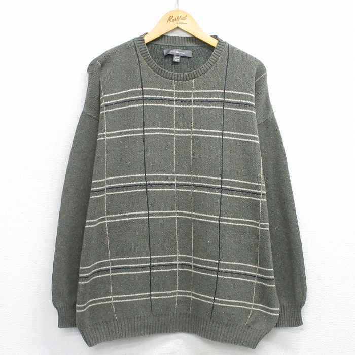 XL★古着 長袖 セーター メンズ 00年代 00s 大きいサイズ クルーネック USA製 濃緑他 チェック 25dec04