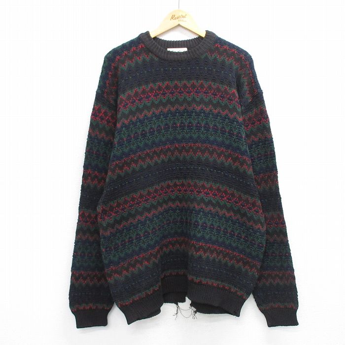 【20%OFF】L★古着 エディーバウアー 長袖 セーター メンズ 90年代 90s 総柄 コットン クルーネック USA製 黒他 25nov29
