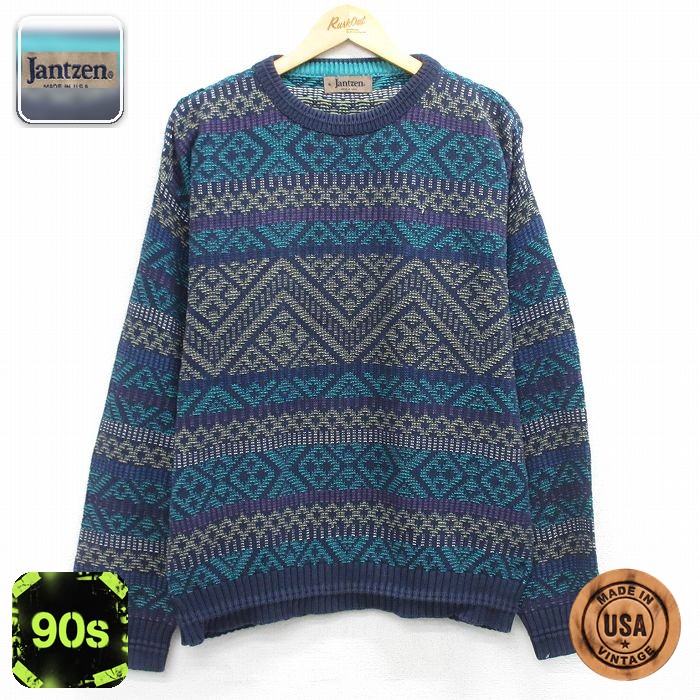 ジャンセン 90s 長袖セーター 総柄 ネイビー L | 古着